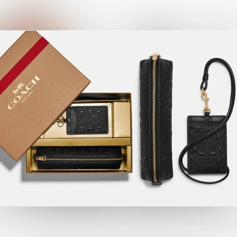 Coach Boxed Pencil Case And Id Lanyard Set In Signature Leather - Picture 2 of 3